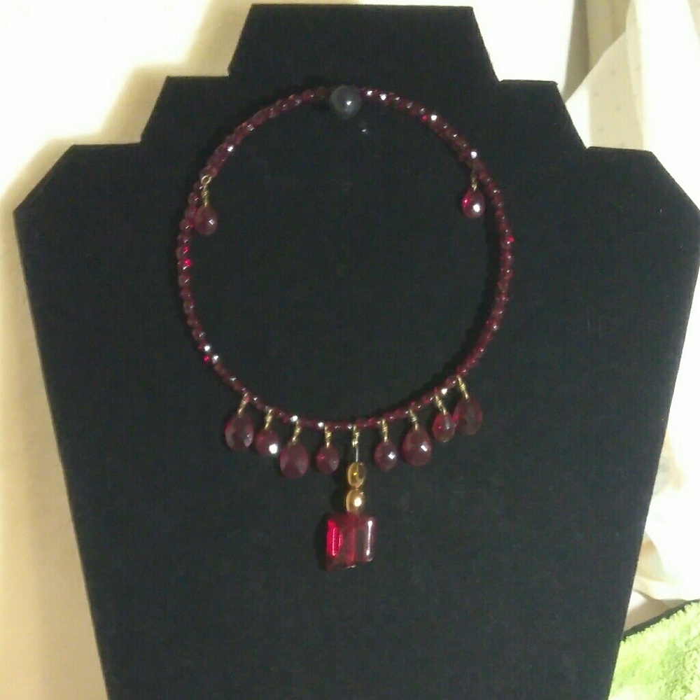 SOLD-Choker- red beaded with glass pendant dangle